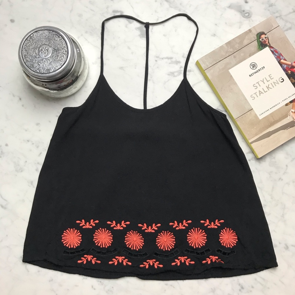 Chloe K Black Orange Floral Embroidered Tank Top